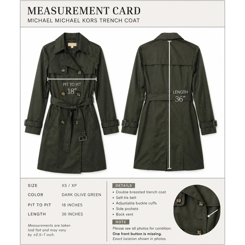 MICHAEL Michael Kors Trench Coat XS Olive Green Belted Double Breasted